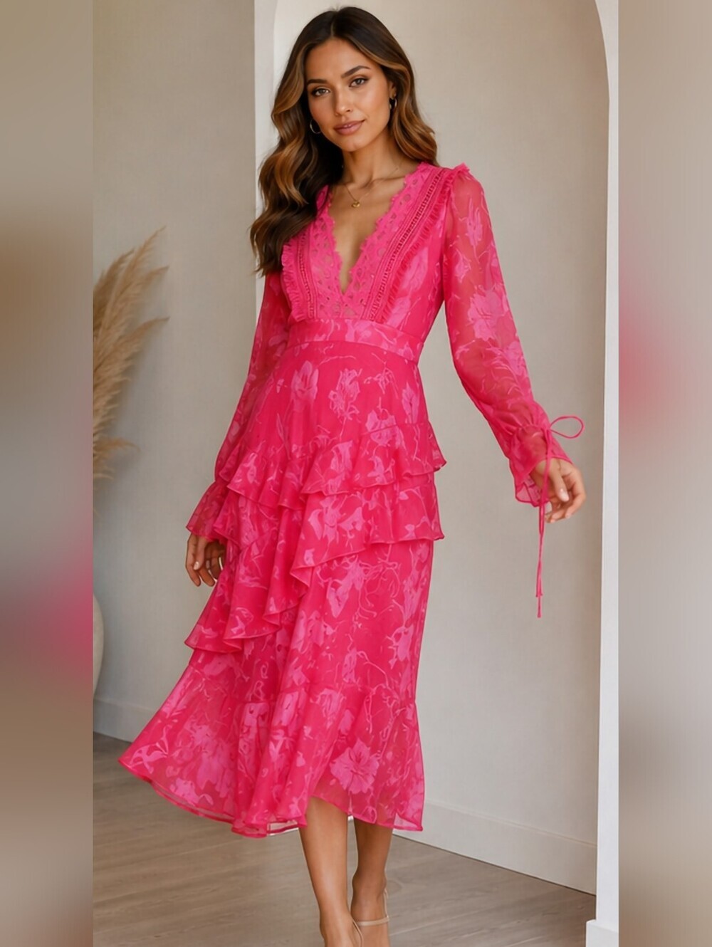 Dark Pink London Hot Pink Lace Trim Plunge Ruffle Midi Dress NWT Size 8
